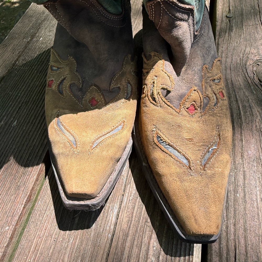 Dan Post Teal and Brown Embroidered Western Heeled Boots with Red Floral Accents - Picture 3 of 8